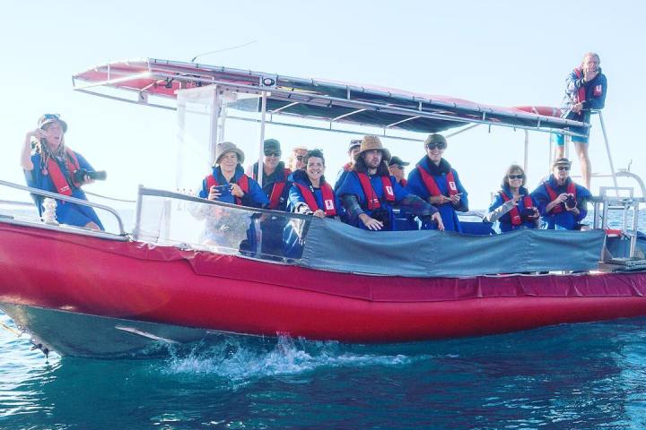 a group of people on a boat in the water